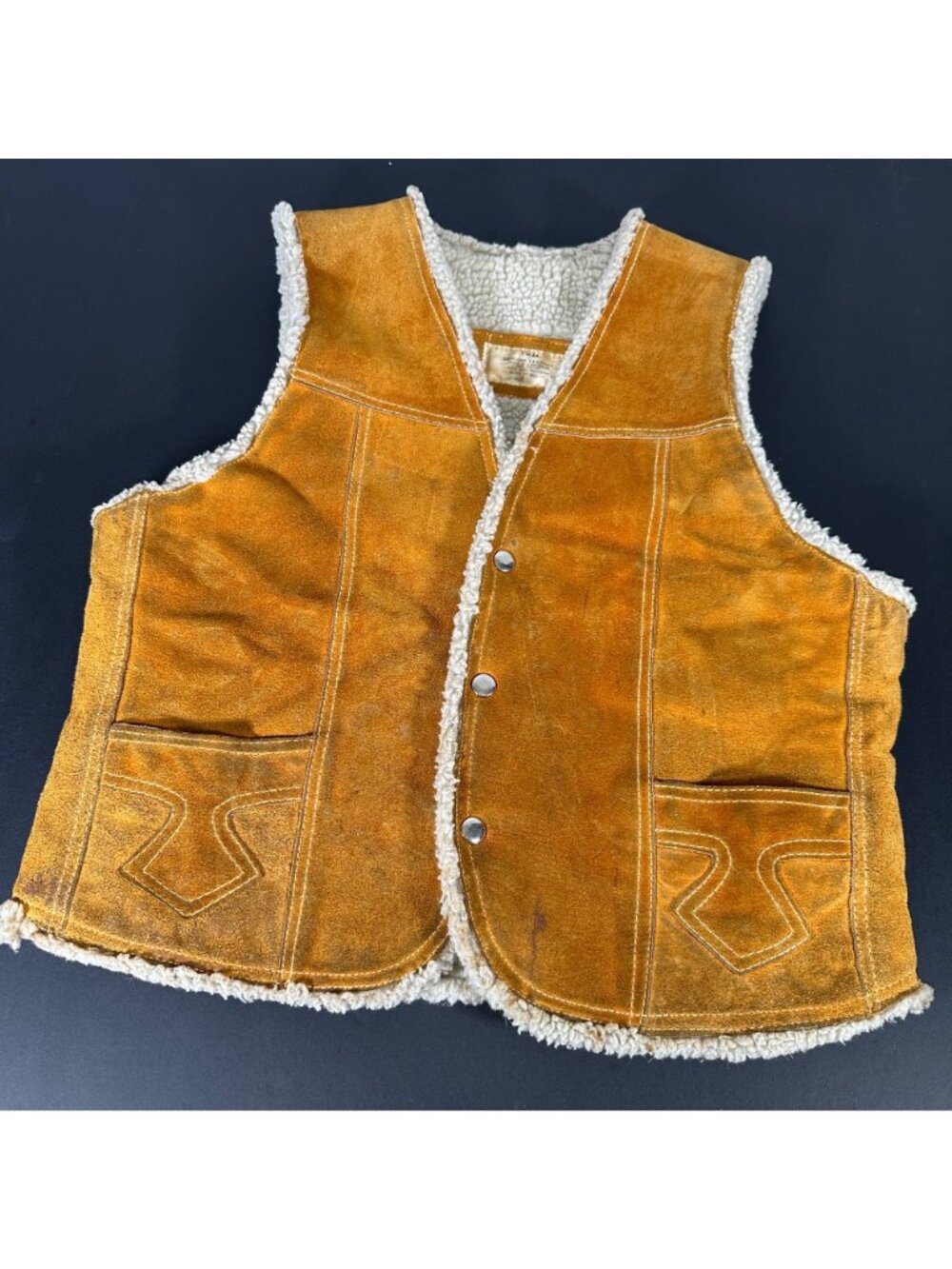 Vintage IDM Suede Genuine Leather Western Vest Faux Sherpa Lining Mens 40 - Picture 2 of 12
